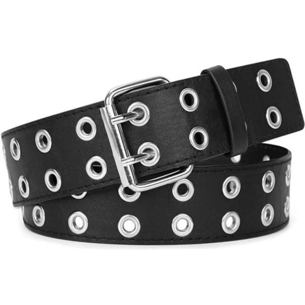 Black Belt Double Grommet Faux Leather Punk Belt for Women & Men, Small 39